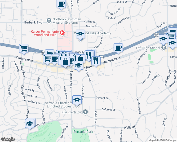 map of restaurants, bars, coffee shops, grocery stores, and more near 5225 Kelvin Avenue in Los Angeles