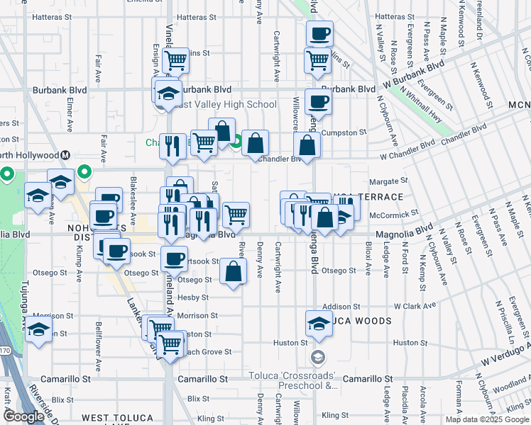 map of restaurants, bars, coffee shops, grocery stores, and more near 5237 Denny Avenue in Los Angeles