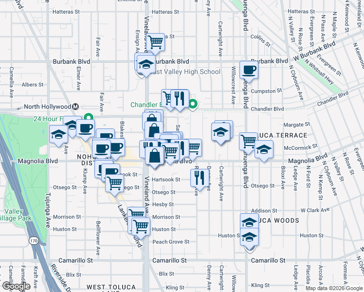 map of restaurants, bars, coffee shops, grocery stores, and more near 5232 Satsuma Avenue in Los Angeles
