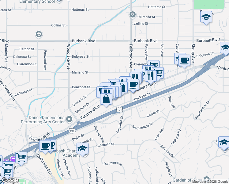 map of restaurants, bars, coffee shops, grocery stores, and more near 22908 Leonora Drive in Los Angeles