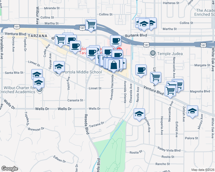map of restaurants, bars, coffee shops, grocery stores, and more near 18428 Linnet Street in Los Angeles