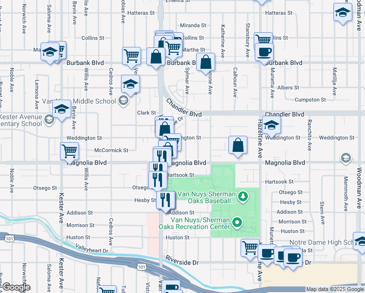 map of restaurants, bars, coffee shops, grocery stores, and more near 5235 Sylmar Avenue in Los Angeles