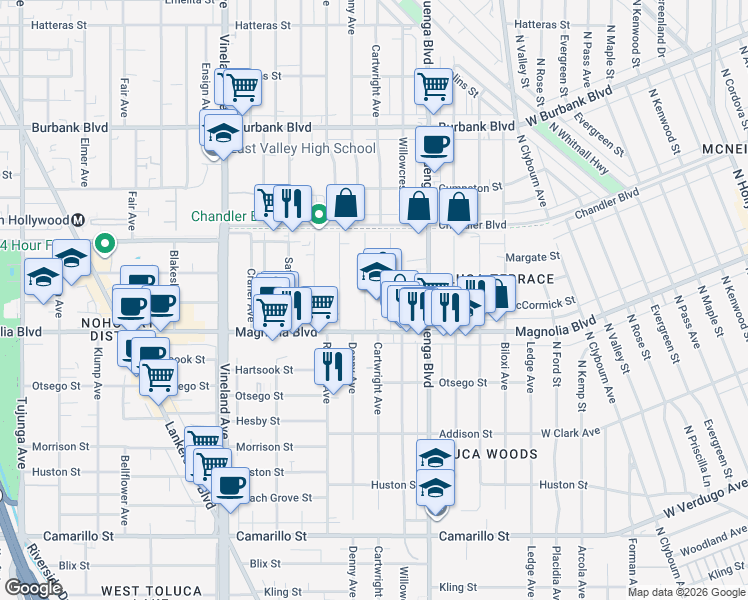map of restaurants, bars, coffee shops, grocery stores, and more near 5238 Denny Avenue in Los Angeles