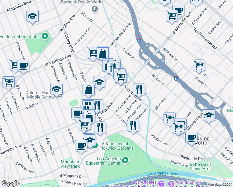 map of restaurants, bars, coffee shops, grocery stores, and more near 333 West Alameda Avenue in Burbank