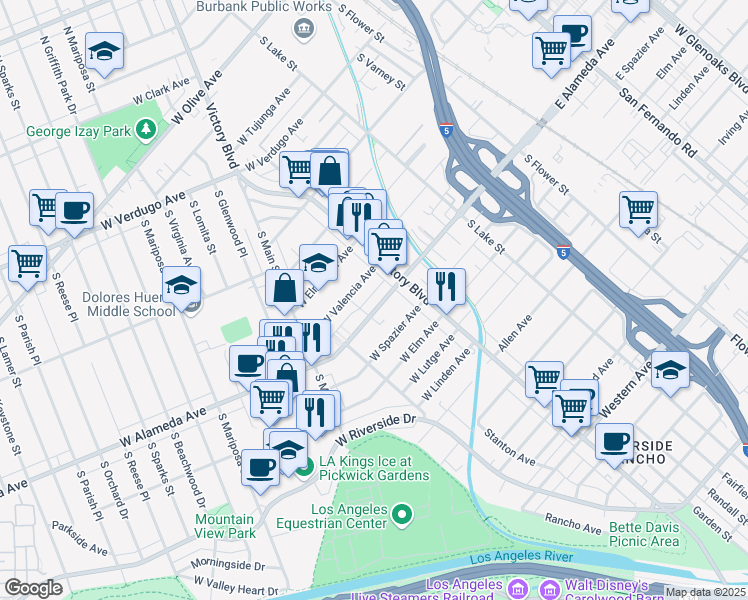 map of restaurants, bars, coffee shops, grocery stores, and more near 333 West Alameda Avenue in Burbank