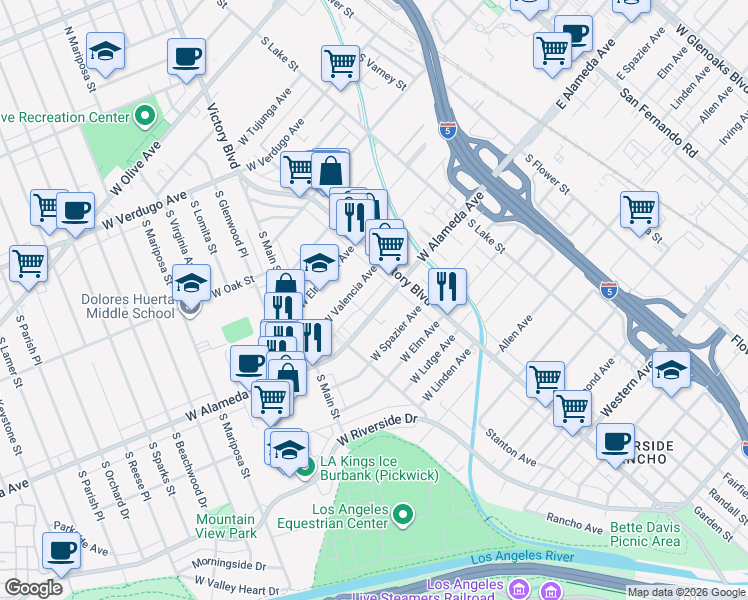 map of restaurants, bars, coffee shops, grocery stores, and more near 333 West Alameda Avenue in Burbank