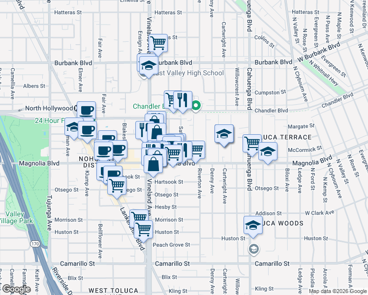 map of restaurants, bars, coffee shops, grocery stores, and more near 5232 Satsuma Avenue in Los Angeles