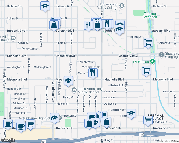 map of restaurants, bars, coffee shops, grocery stores, and more near 13405 McCormick Street in Los Angeles