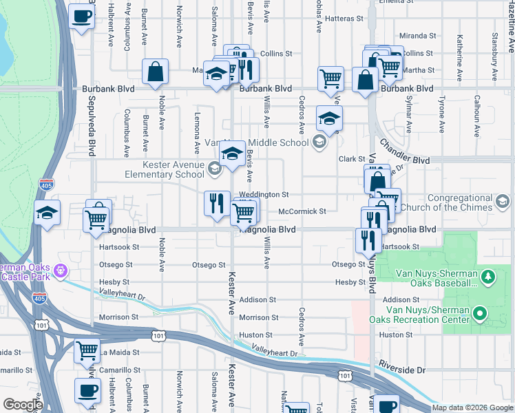 map of restaurants, bars, coffee shops, grocery stores, and more near 14813 McCormick Street in Los Angeles