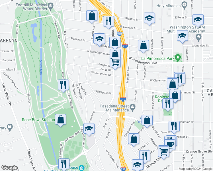 map of restaurants, bars, coffee shops, grocery stores, and more near 480 West Hammond Street in Pasadena