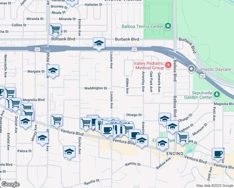 map of restaurants, bars, coffee shops, grocery stores, and more near 5230 Louise Avenue in Los Angeles