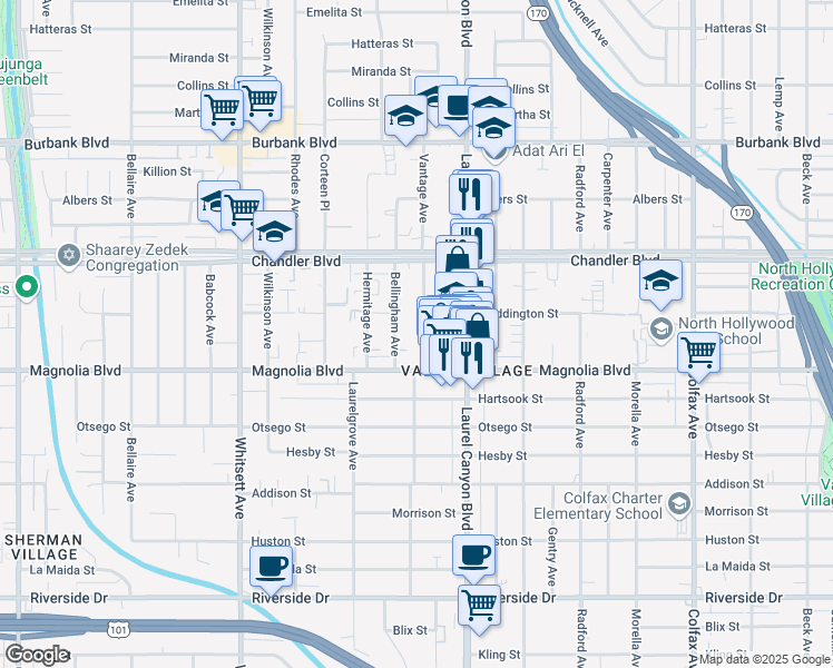 map of restaurants, bars, coffee shops, grocery stores, and more near 5241 Vantage Avenue in Los Angeles