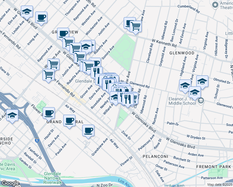 map of restaurants, bars, coffee shops, grocery stores, and more near 1226 West Glenoaks Boulevard in Glendale