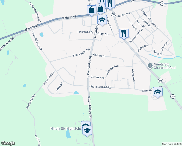 map of restaurants, bars, coffee shops, grocery stores, and more near 421 South Cambridge Street in Ninety Six