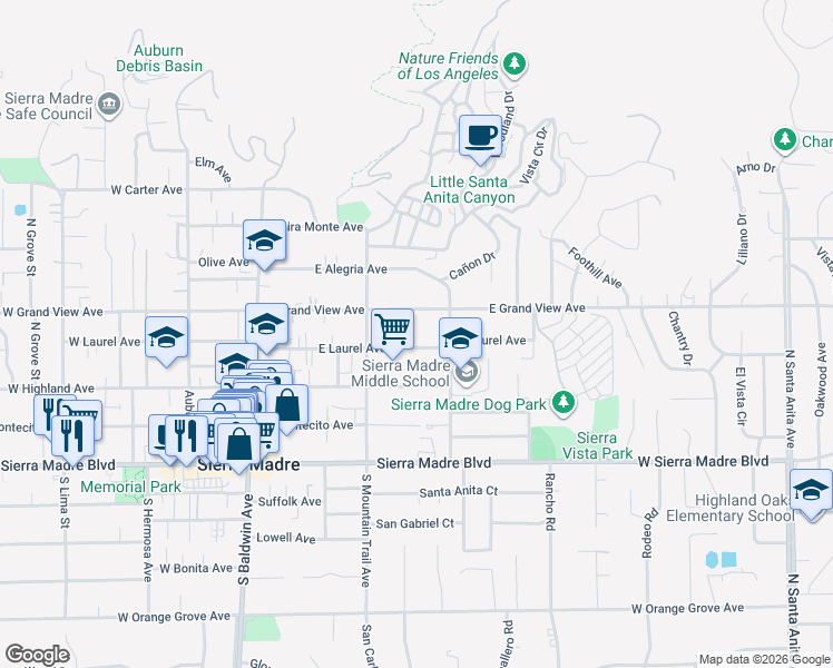 map of restaurants, bars, coffee shops, grocery stores, and more near 305 East Laurel Avenue in Sierra Madre