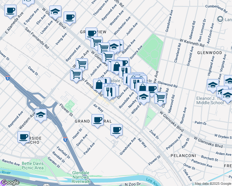 map of restaurants, bars, coffee shops, grocery stores, and more near 1028 Davis Avenue in Glendale