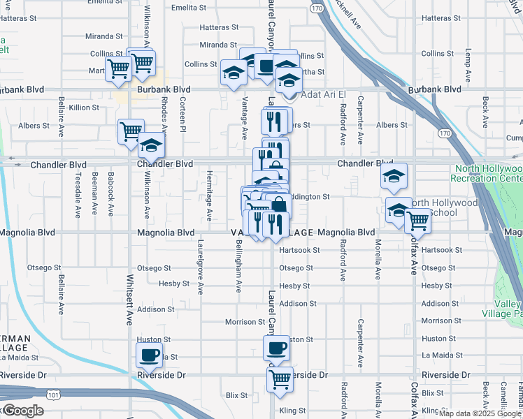 map of restaurants, bars, coffee shops, grocery stores, and more near 5243 Laurel Canyon Boulevard in Los Angeles