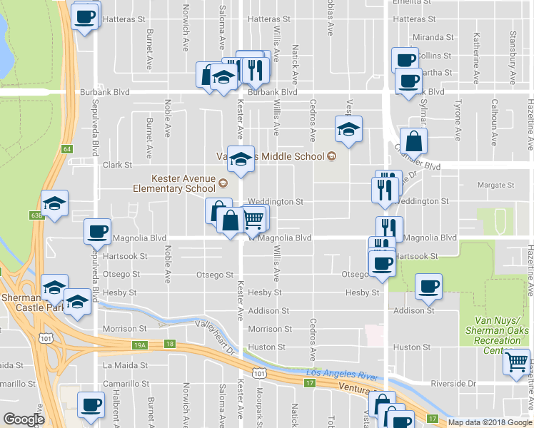 map of restaurants, bars, coffee shops, grocery stores, and more near 14813 McCormick Street in Los Angeles
