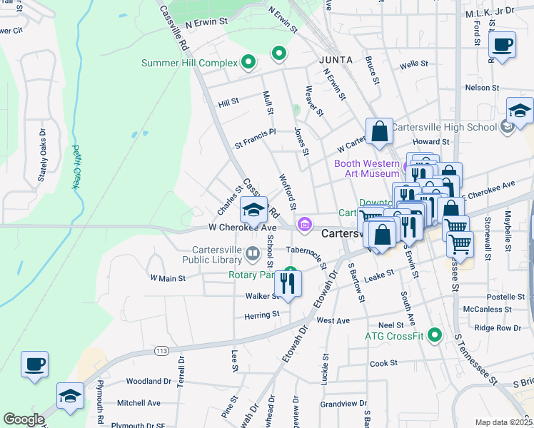 map of restaurants, bars, coffee shops, grocery stores, and more near 18 Cassville Road in Cartersville