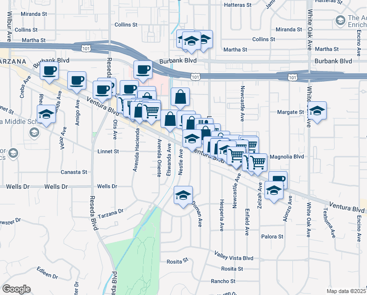 map of restaurants, bars, coffee shops, grocery stores, and more near 5203 Nestle Ave in Tarzana