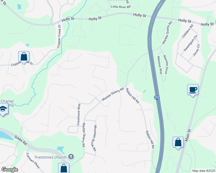 map of restaurants, bars, coffee shops, grocery stores, and more near 444 Crestmont Lane in Canton