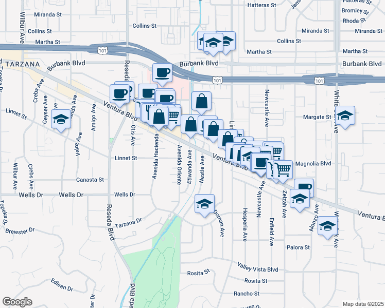 map of restaurants, bars, coffee shops, grocery stores, and more near 5203 Nestle Avenue in Los Angeles
