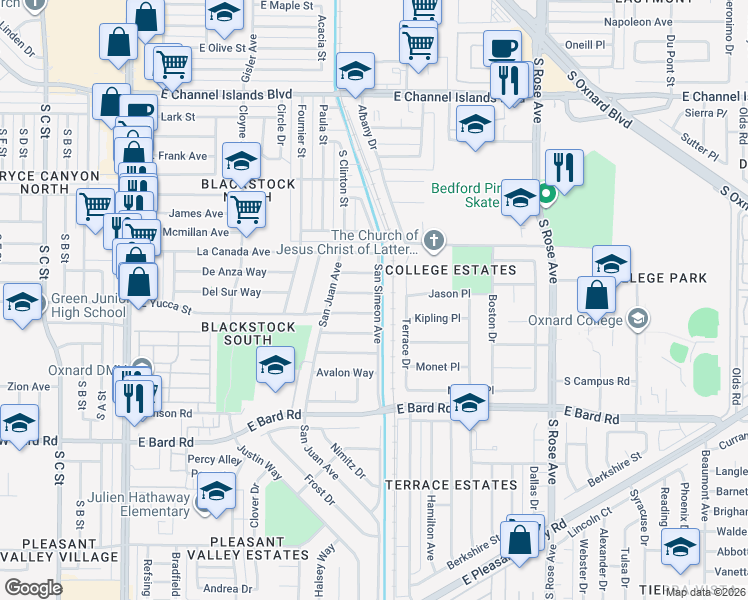 map of restaurants, bars, coffee shops, grocery stores, and more near 840 East Yucca Street in Oxnard
