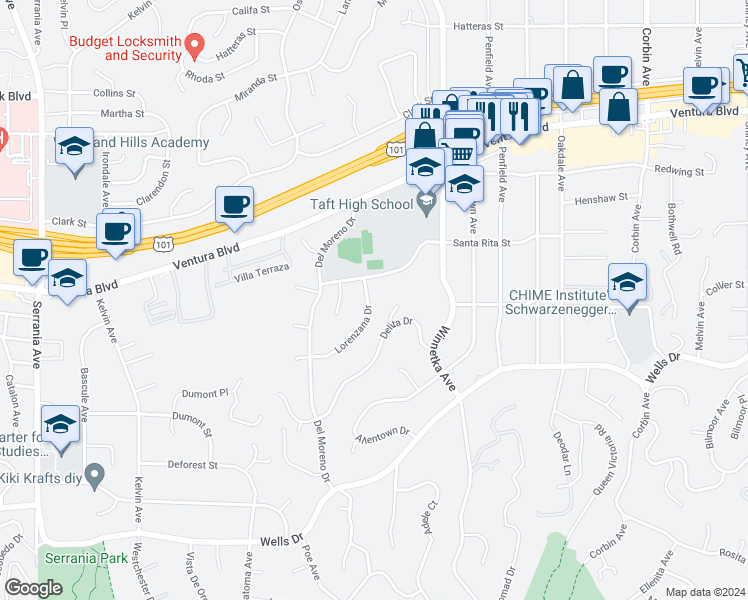 map of restaurants, bars, coffee shops, grocery stores, and more near 20226 Lorenzana Drive in Los Angeles