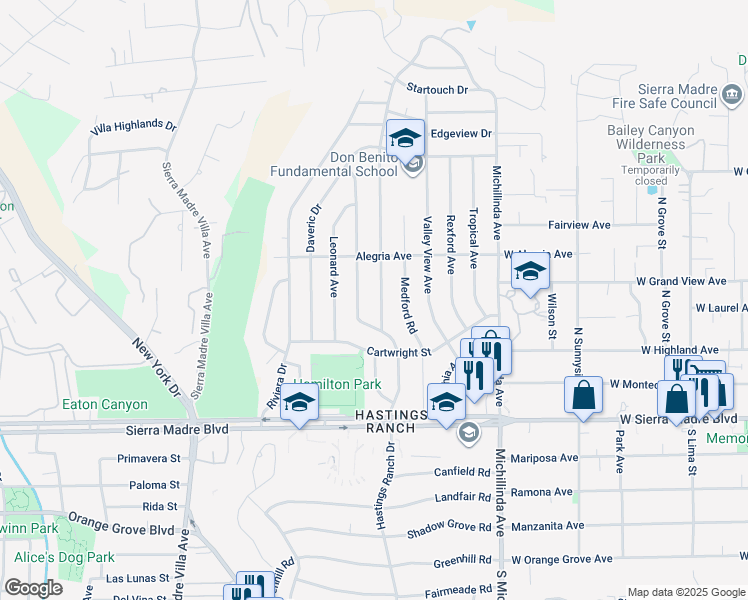 map of restaurants, bars, coffee shops, grocery stores, and more near 1145 Hastings Ranch Drive in Pasadena
