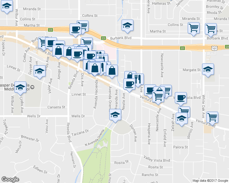 map of restaurants, bars, coffee shops, grocery stores, and more near 5217 Etiwanda Avenue in Los Angeles
