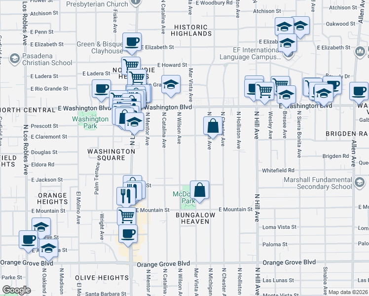 map of restaurants, bars, coffee shops, grocery stores, and more near 1130 North Wilson Avenue in Pasadena