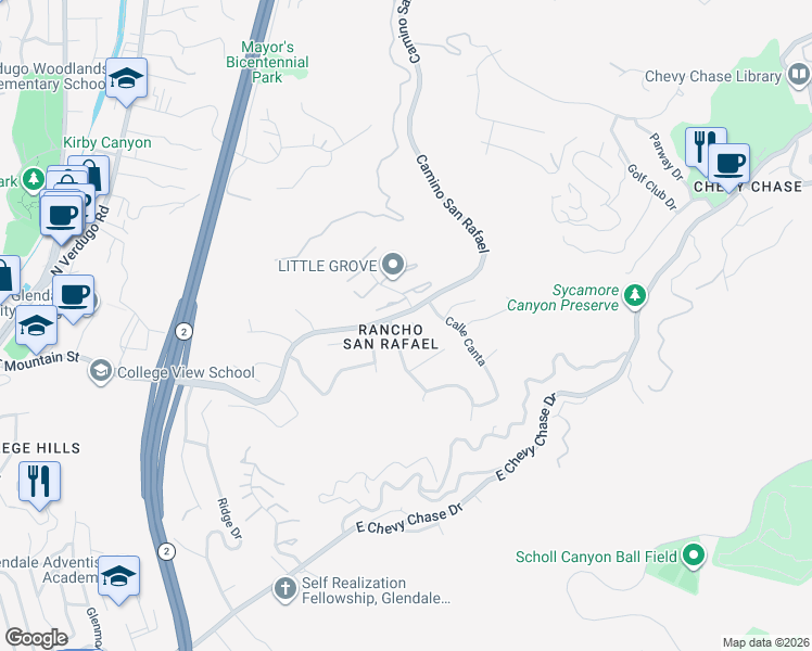 map of restaurants, bars, coffee shops, grocery stores, and more near 1820 Calle Suenos in Glendale