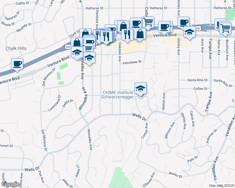 map of restaurants, bars, coffee shops, grocery stores, and more near 5237 Oakdale Avenue in Los Angeles