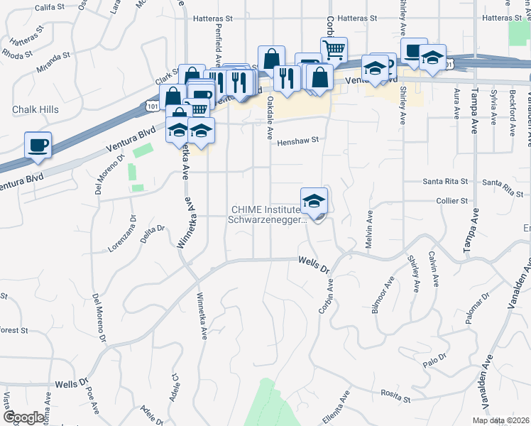 map of restaurants, bars, coffee shops, grocery stores, and more near 5237 Oakdale Avenue in Los Angeles