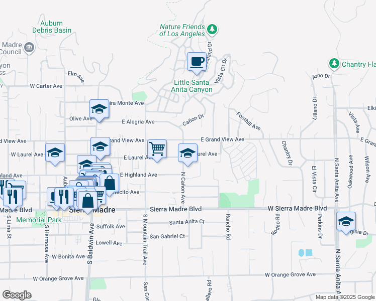 map of restaurants, bars, coffee shops, grocery stores, and more near 385 East Laurel Avenue in Sierra Madre