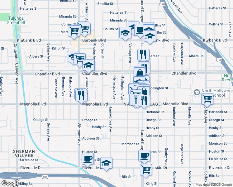 map of restaurants, bars, coffee shops, grocery stores, and more near 5238 Hermitage Avenue in Los Angeles