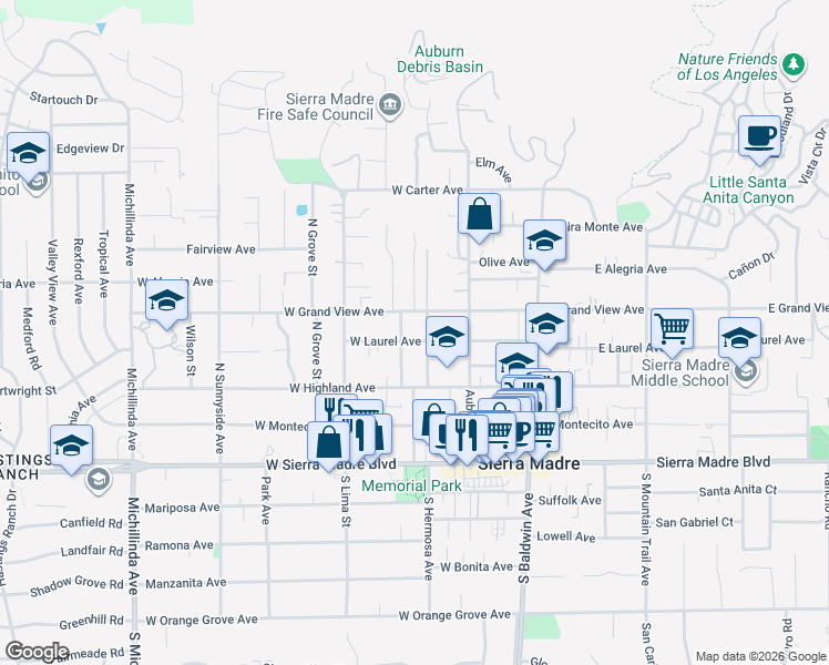 map of restaurants, bars, coffee shops, grocery stores, and more near 209 West Laurel Avenue in Sierra Madre
