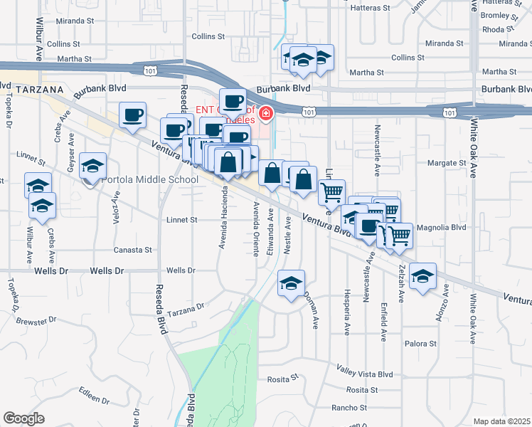 map of restaurants, bars, coffee shops, grocery stores, and more near 5217 Etiwanda Avenue in Los Angeles