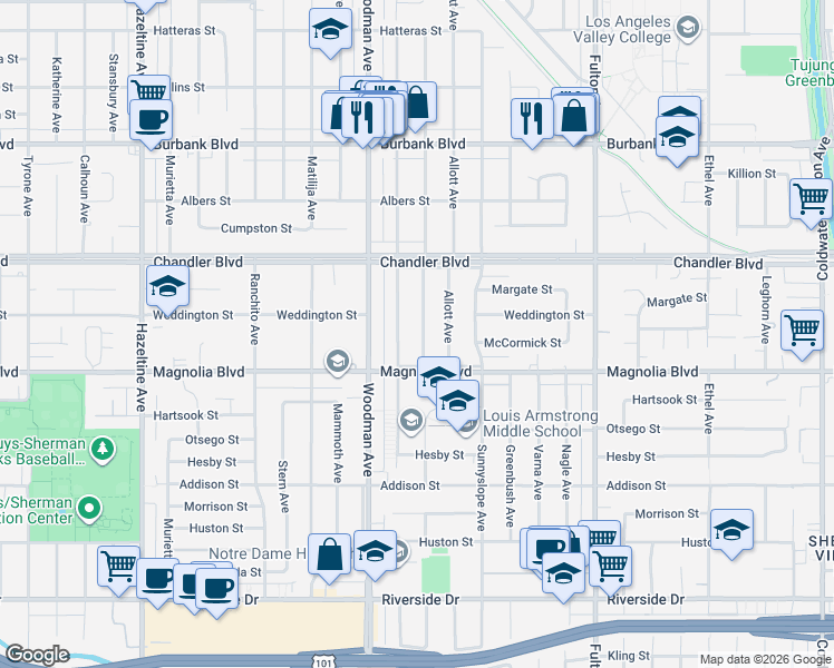 map of restaurants, bars, coffee shops, grocery stores, and more near 5245 Ventura Canyon Avenue in Los Angeles