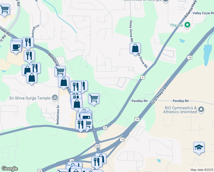 map of restaurants, bars, coffee shops, grocery stores, and more near 2415 Keenland Court in Cumming