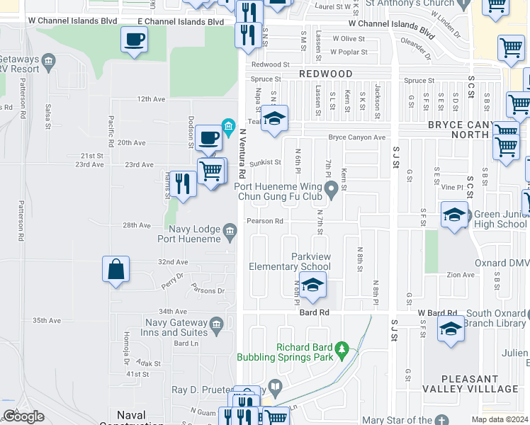 map of restaurants, bars, coffee shops, grocery stores, and more near 1712 North 5th Place in Port Hueneme