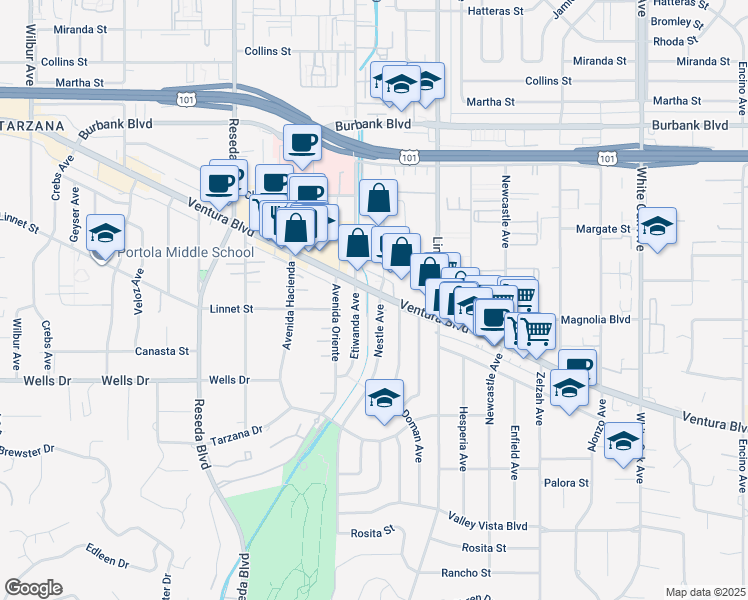 map of restaurants, bars, coffee shops, grocery stores, and more near 5203 Nestle Avenue in Los Angeles