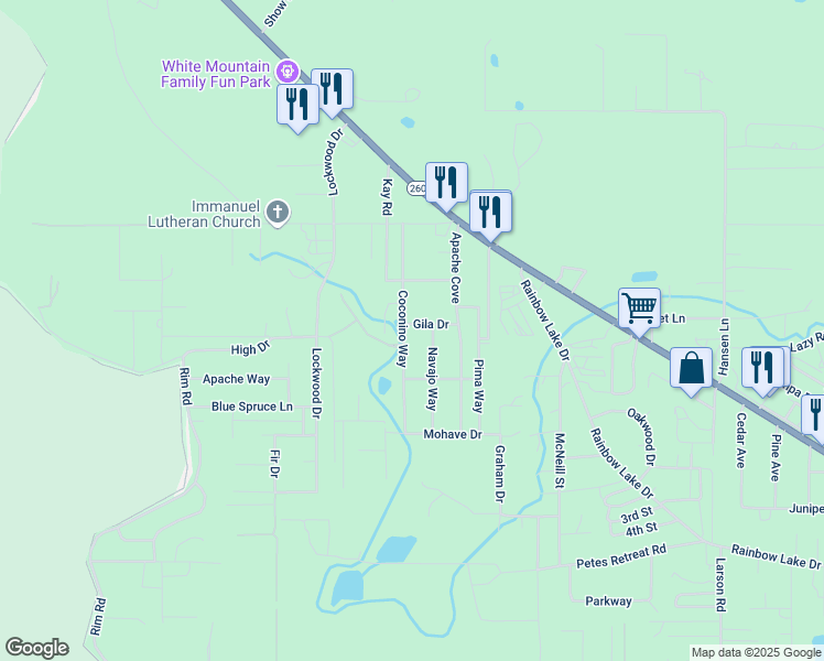 map of restaurants, bars, coffee shops, grocery stores, and more near 2740 Navajo Way in Navajo County
