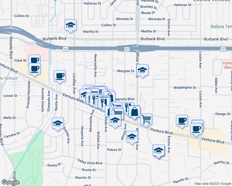 map of restaurants, bars, coffee shops, grocery stores, and more near 5224 Zelzah Avenue in Los Angeles