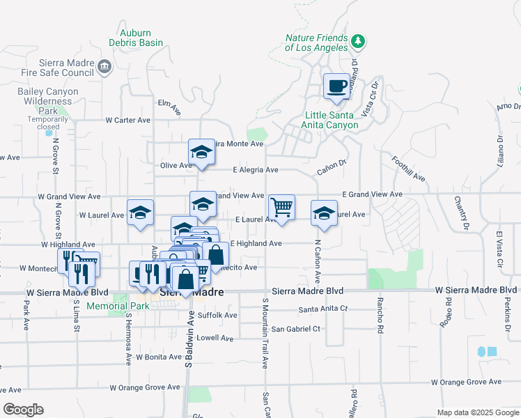 map of restaurants, bars, coffee shops, grocery stores, and more near 197 North Mountain Trail in Sierra Madre