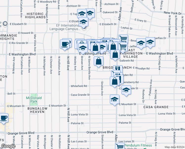 map of restaurants, bars, coffee shops, grocery stores, and more near in Pasadena