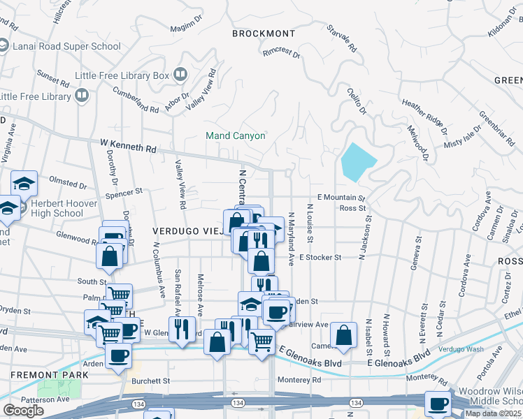map of restaurants, bars, coffee shops, grocery stores, and more near 1303 North Brand Boulevard in Glendale