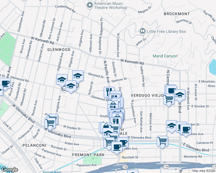 map of restaurants, bars, coffee shops, grocery stores, and more near 510 Clement Drive in Glendale
