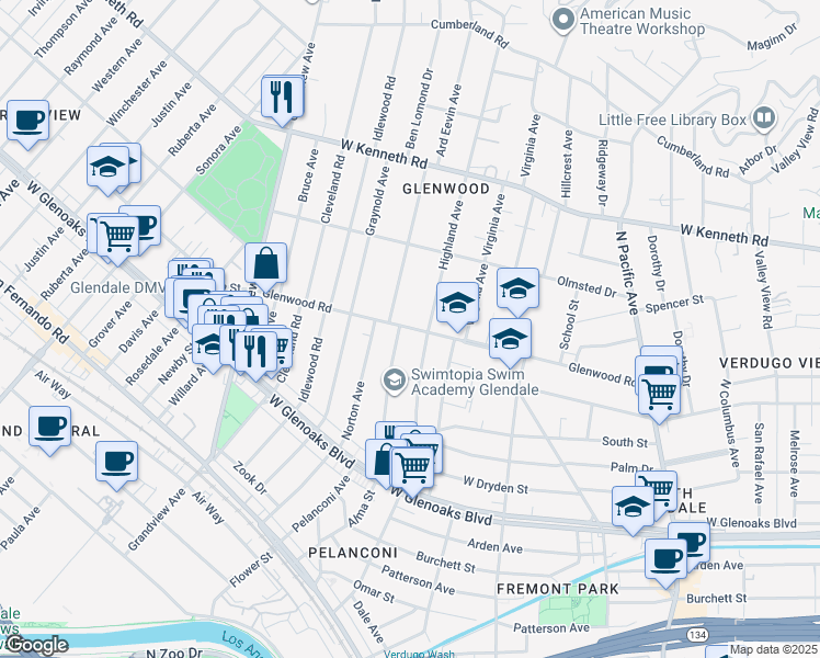 map of restaurants, bars, coffee shops, grocery stores, and more near 1244 Alma Street in Glendale