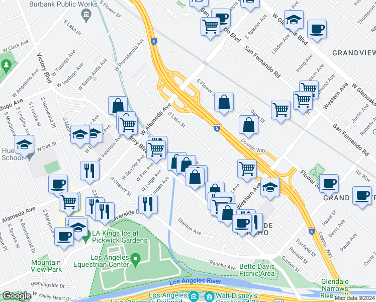 map of restaurants, bars, coffee shops, grocery stores, and more near 246 West Linden Avenue in Burbank